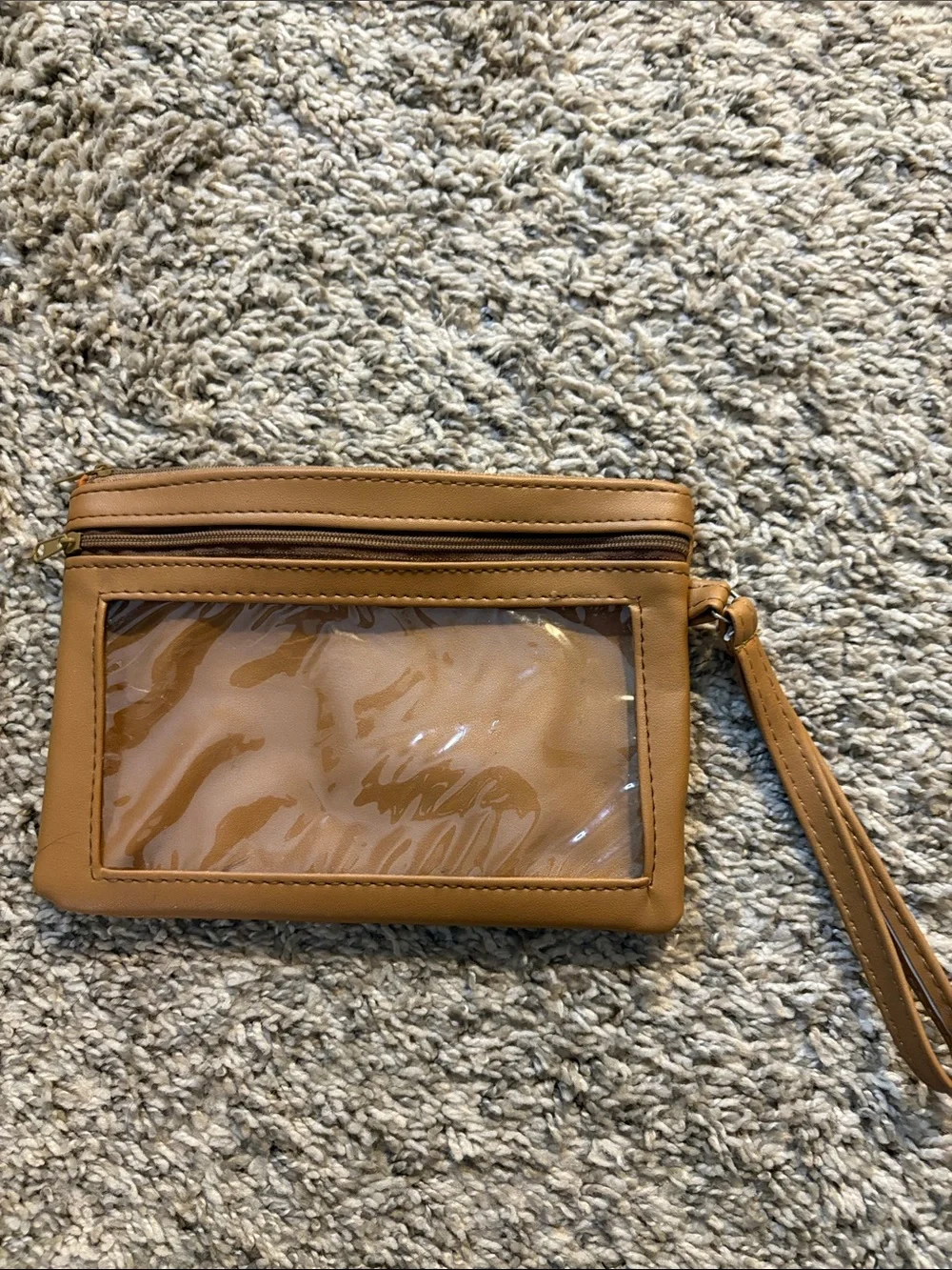 Clear-Front Tan Wristlet Clutch with Wrist Strap